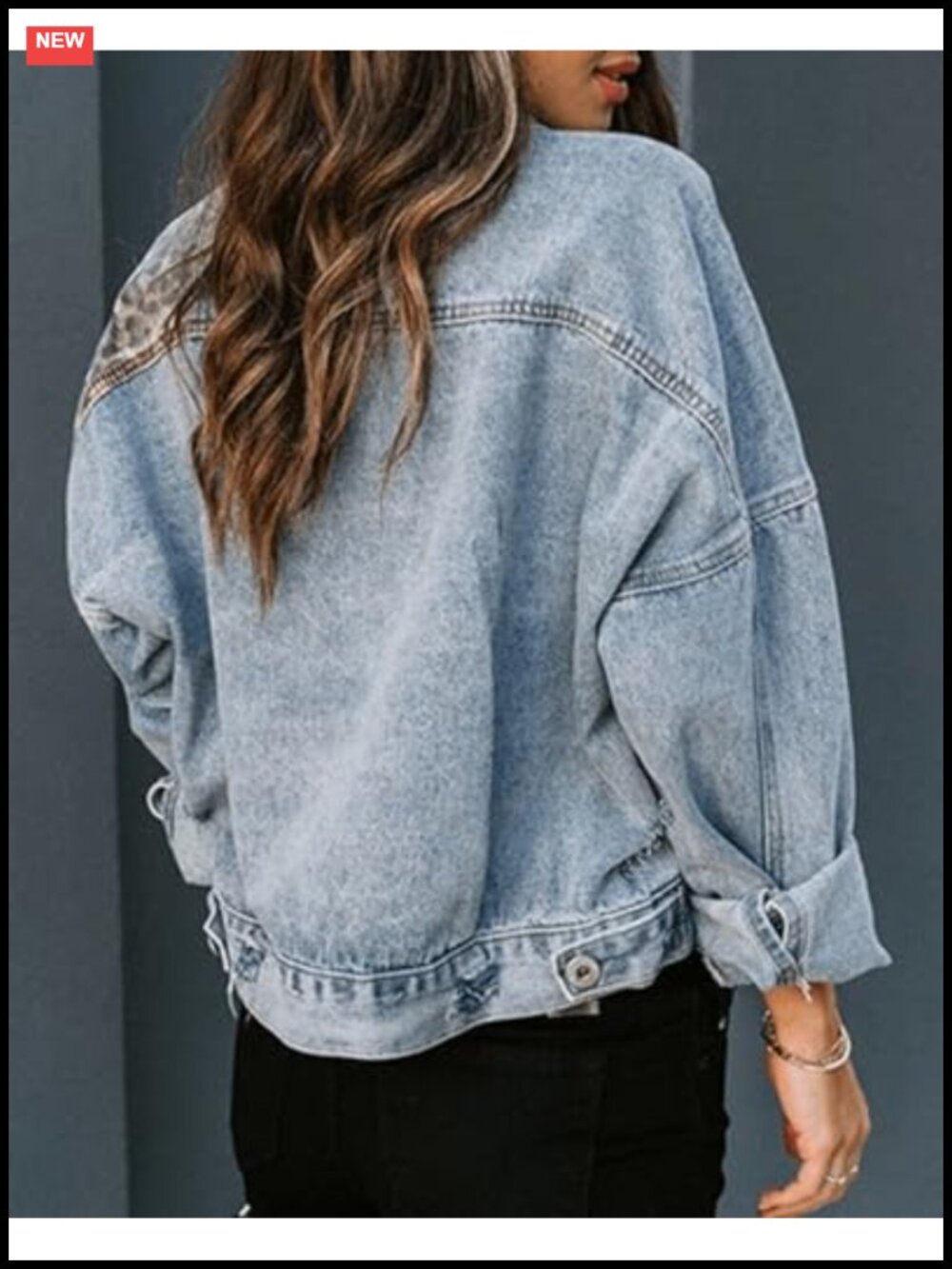 Women's RINTONIX Denim Jacket Distressed Leopard Patchwork Button Down - Picture 5 of 5